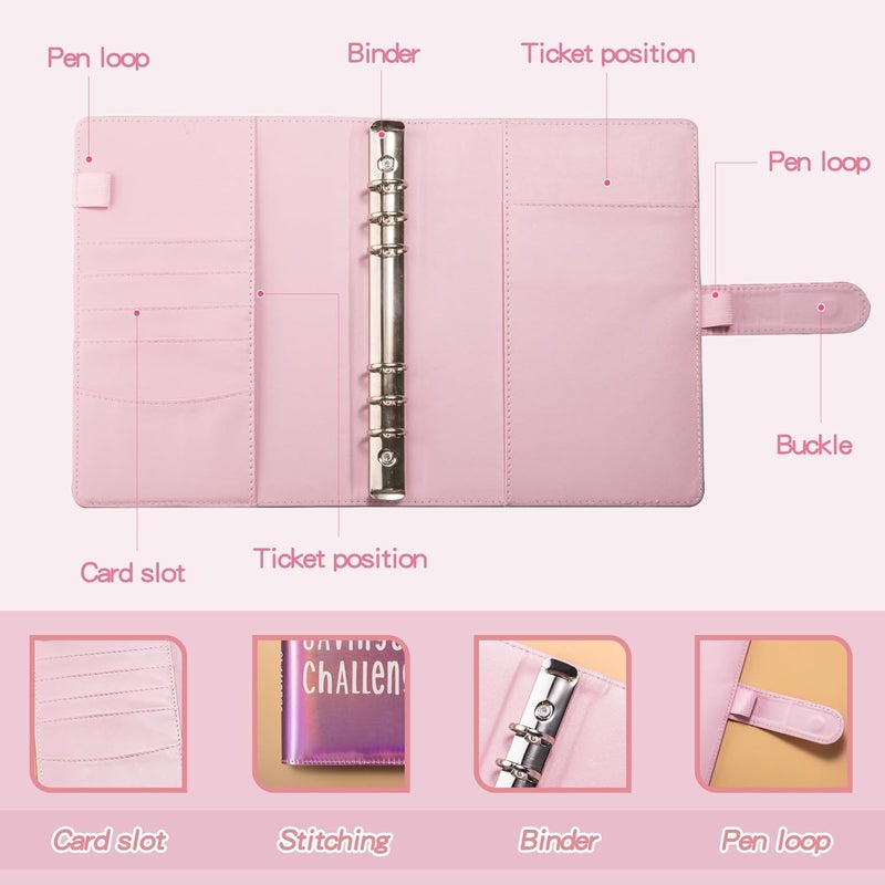 gusutide 100 Envelope Savings Challenge Binder, Money Saving Binder with Cash Envelopes, from 30 Days to 52 Weeks, to Save $500,$5,050 and $10,000, back to school supplies,gift for children (sparkling pink) - Image 3